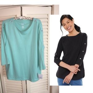 Aquamarine 3/4 Sleeve Top w/ Silver Button Detail